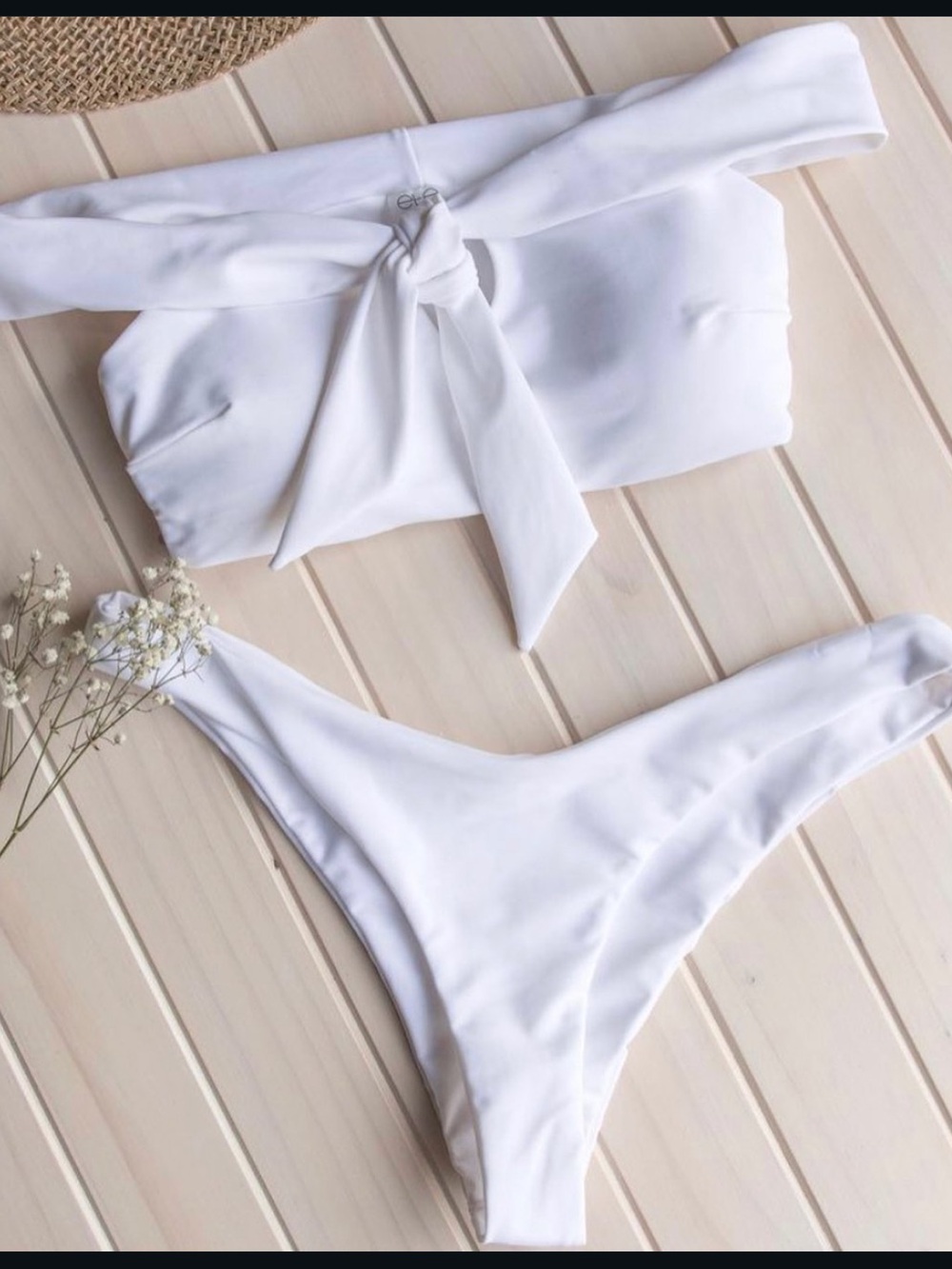 Ete White Bikini Set XS Off Shoulder Tie Front High Cut Swimwear